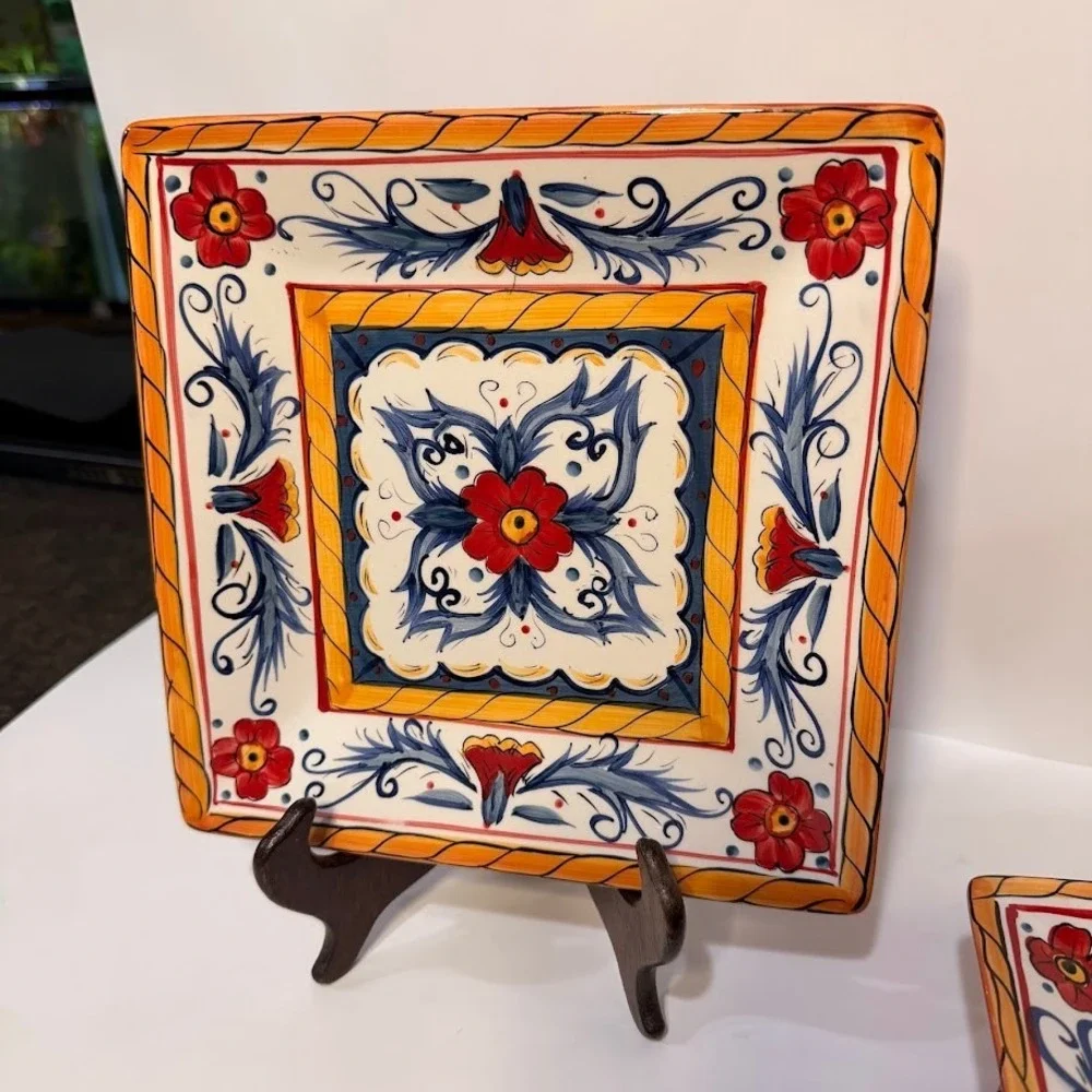 Tabletops Gallery Italiano Square Salad Plates Hand Painted Red Blue Set of 4 8